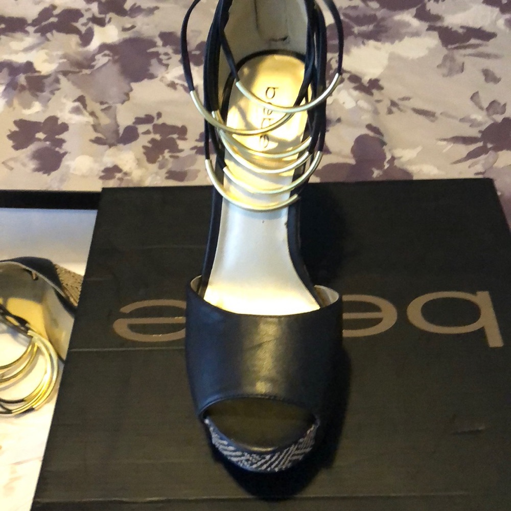 bebe wedges with gold ankle bangles